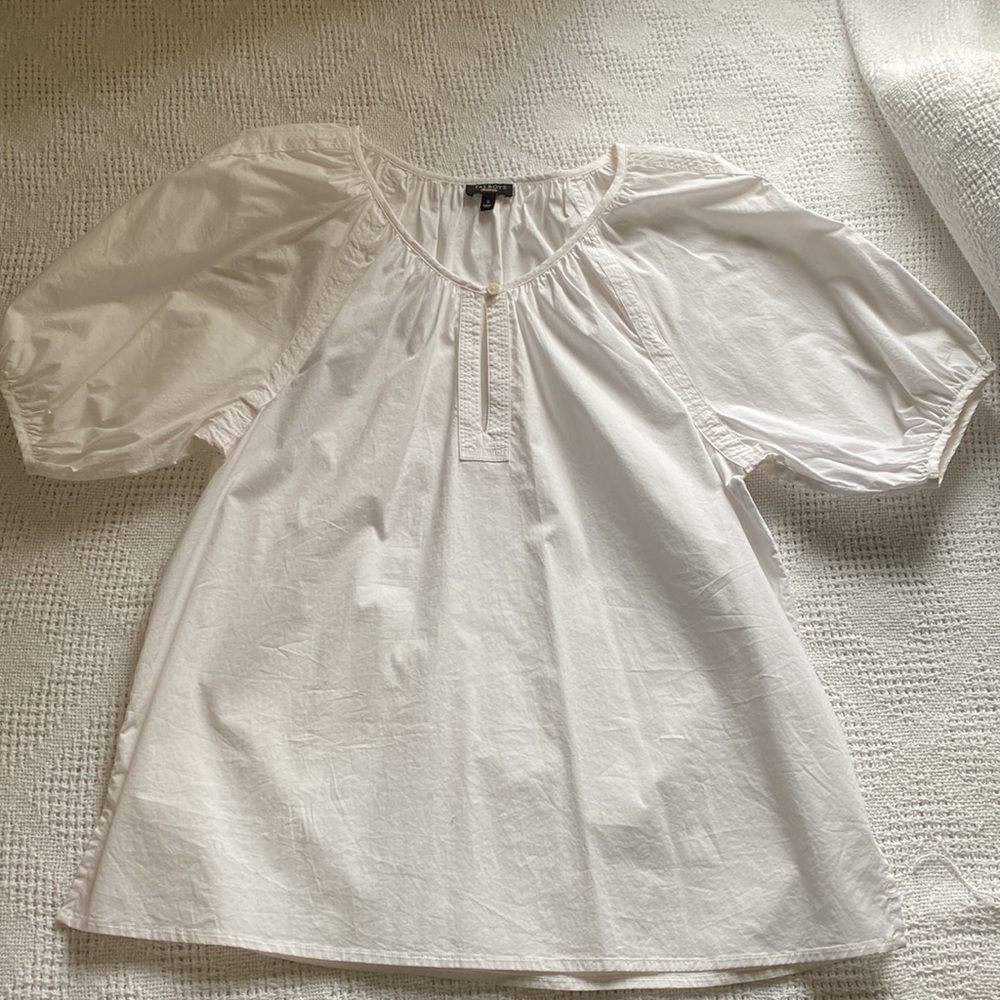 Talbots White Poplin Puff Balloon Sleeve Keyhole Front Cotton/Spandex Blouse S